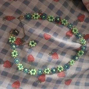 Charming Floral Necklace with Green and Blue Beads
